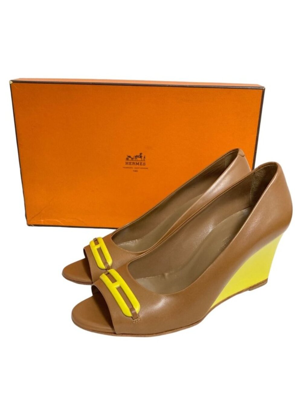 Hermes Chaine D'ancre Motif Leather Wedge Sole Open Toe Pumps Brown